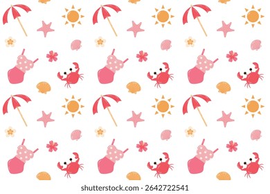 Seamless summer  pattern with transparent background. Ornament with beach  accessories. Summer holiday concept.Beach umbrella, sun, swimsuit, crab, starfish. Flat cartoon design. Vector illustration