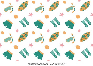 Padrão contínuo de verão com fundo transparente. Ornamento com acessórios de praia. Conceito de férias de verão. Vieiras, prancha de surf, máscara de mergulho, estrelas-do-mar. Design de desenho plano. Ilustração vetorial