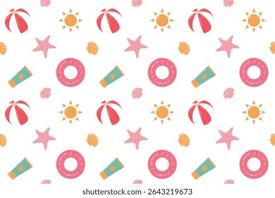 Seamless summer  pattern with transparent background. Ornament with beach  accessories. Summer holiday concept.Beach ball, sun cream, sun, shell, starfish. Flat cartoon design. Vector illustration