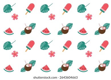 Seamless summer  pattern with transparent background. Ornament with food and flora. Summer holiday concept.Ice cream, watermelon slice, tropical leaf,flower. Flat cartoon design. Vector illustration