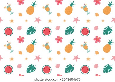 Seamless summer  pattern with transparent background. Ornament with food and flora. Summer holiday concept.Pineapple, watermelon slice, tropical leaf,cocktail. Flat cartoon design. Vector illustration
