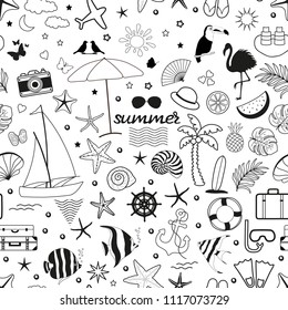 Seamless summer pattern with travel and vacation icons on white background