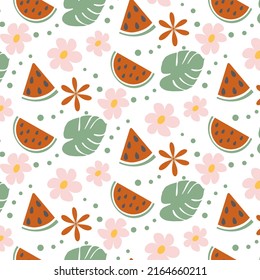 Seamless summer pattern in trendy muted hues with hand drawn summer elements and monstera leaves.