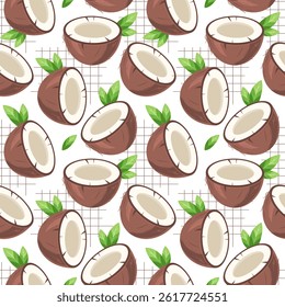 Seamless summer pattern with tropical coconut on a white background. Vector illustration. Perfect for wrapping paper, wallpaper, textiles and decor.