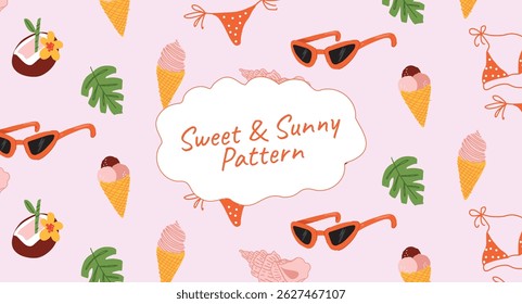 Seamless summer pattern with tropical coconut drink, ice cream, bikini, seashells, sunglasses, and leaves. Sweet beach vibe design for textiles, wrapping, branding, print, decor. Vector illustration.