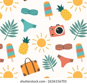 Seamless summer pattern with tropical elements, textured swimwear, fruits, palm leaves, and vacation items in warm pastel tones. Perfect for textiles, packaging, wrapping paper, and summer branding.