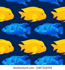 Seamless summer pattern of tropical fish, aquarium animals in flat style. Cichlid family. Cichlasoma citrinellum, Blue Jack Dempsey. pet care. For wallpaper, fabric, wrapping, background.