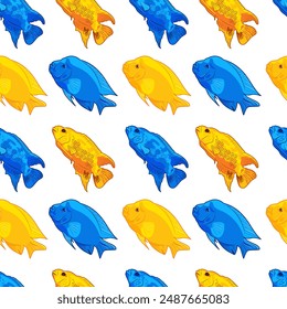 Seamless summer pattern of tropical fish, aquarium animals in flat style. Cichlid family. Cichlasoma citrinellum, Blue Jack Dempsey. pet care. For wallpaper, fabric, wrapping, background.