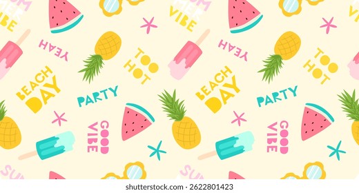Seamless summer pattern with tropical fruits, ice creams, and fun lettering. Bright and playful background for kids and beach-themed designs, ads, banner
