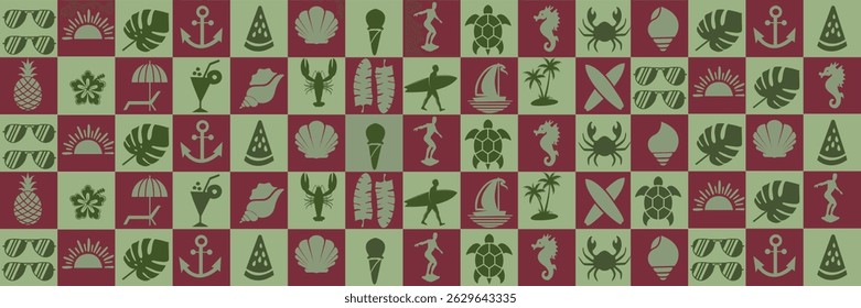 Seamless summer pattern with tropical icons sunglasses, ice cream, palm trees, surfboards, shells, and sunsets. Perfect for beach party backgrounds, textile prints, wrapping paper, and summer holiday