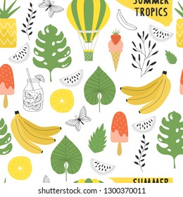 Seamless summer pattern with tropical leaves, hot air balloon, banana, ice cream and pineapple. Summertime design.