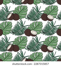 Patrón veraniego sin foco con hojas y cocos tropicales en forma de doodle. Patrón de coco con hojas. Imagen del vector