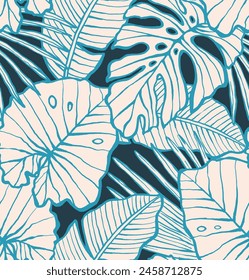 Seamless summer pattern with tropical leaves. Design for fashion textiles, fabric, print, graphics, backgrounds and crafts.