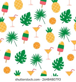 Seamless summer pattern with tropical leaves, pineapples, citrus slices, cocktails, and colorful popsicles on a white background. Fresh and vibrant tropical design.