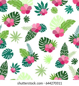 Seamless summer pattern with tropical leaves and flowers. Summer modern background