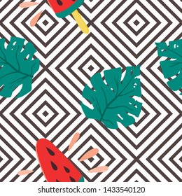 Seamless summer pattern. Tropical palm leaves and watermelon ice cream on the black and white geometrical ornament background. Stock vector