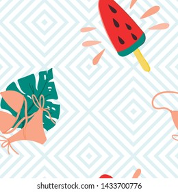 Seamless summer pattern. Tropical palm leaves, watermelon ice cream and bikini on the black and white geometrical ornament background. Stock vector