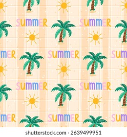 Seamless summer pattern with tropical palm, sun and summer vibe. Perfect for kids textile, vacation wrapping, wallpaper, and beach-themed design