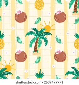 Seamless summer pattern with tropical palm, coconut, pineapple, sun and summer vibe. Perfect for kids textile, vacation wrapping, wallpaper, and beach-themed design