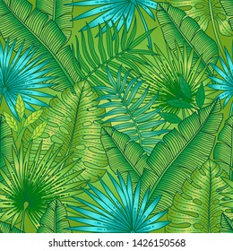 Seamless summer pattern. Tropical plants, interweaving different in the form of banana and palm leaves, different shades of green