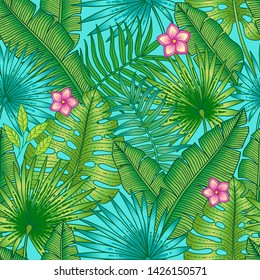 Seamless summer pattern. Tropical plants, interweaving different in the form of banana and palm leaves, different shades of green