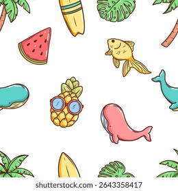 Seamless summer pattern with tropical whales, palm trees and sunglasses pineapple. Vibrant repeat design for beachwear fabrics, wallpaper and resort lifestyle products