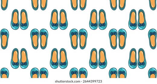 Padrão de verão sem costura com bailarina turquesa flats com arcos. Fundo do vetor de desenhos animados. 