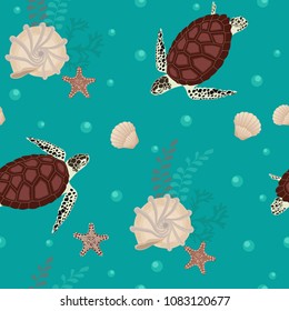 Seamless summer pattern with turtles and seashells on a turquoise background. For decorating textiles, packaging and wallpaper. Vector illustration.