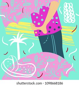 Seamless summer pattern with umbrella, palm tree, sandals and barefoot. Memphis style