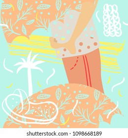 Seamless summer pattern with umbrella, palm tree, sandals and barefoot. Memphis style