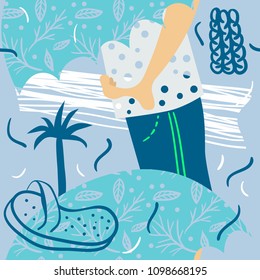 Seamless summer pattern with umbrella, palm tree, sandals and barefoot. Memphis style