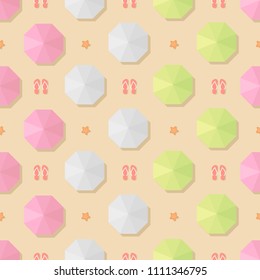 Seamless summer pattern with umbrellas, starfish and sandals on the beach.