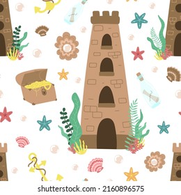 Seamless summer pattern of underwater sea castle, chest, bottle, anchor, pearl, algae. Vector hand-drawn marine illustration for baby, background, print, card, clothes, girl, boy, birthday.