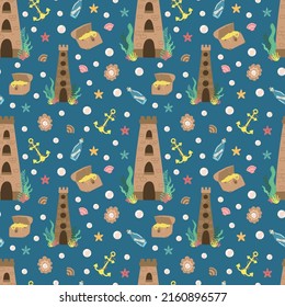 Seamless summer pattern of underwater sea kingdom with castle, treasure, bottle, anchor, pearl. Vector hand-drawn marine illustration for baby, background, print, card, clothes, girl, boy, birthday.