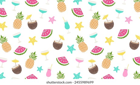 Seamless summer pattern with various hand-drawn elements.