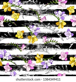 Seamless summer pattern. Vector background with hand drawn ink stripes, freesia flowers for your design. Eps10