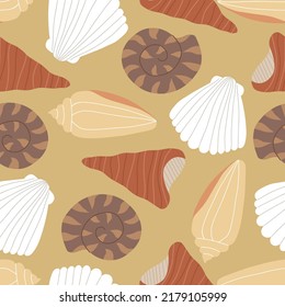 Seamless summer pattern. Vector background with seashells in sand colors. Marine wallpaper in hand drawn style.
