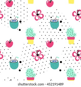 Seamless summer pattern. Vector background with different elements. Design for prints, shirts and posters.