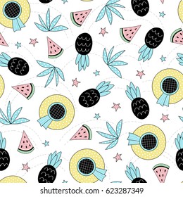 Seamless summer pattern. Vector background with different elements. Design for prints, shirts and posters.