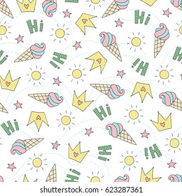 Seamless summer pattern. Vector background with different elements. Design for prints, shirts and posters.