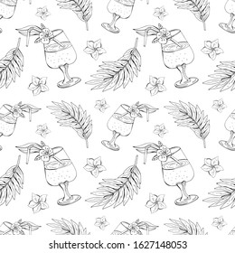 Seamless summer pattern in vector. Black and white background of cocktail, leaves and flowers. Summer drink. Hand drawn vintage style. A monochrome sketch.