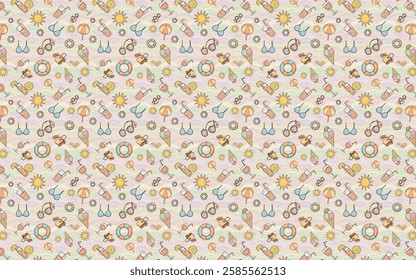 Seamless summer pattern vector featuring beach elements such as sunglasses, ice cream, lifebuoys, sun hats, and tropical drinks. Perfect for wallpapers, fabrics, wrapping papers, and digital designs.