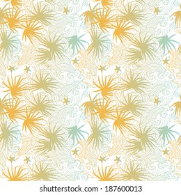 Seamless summer pattern vector illustration of blue and orange palms and waves