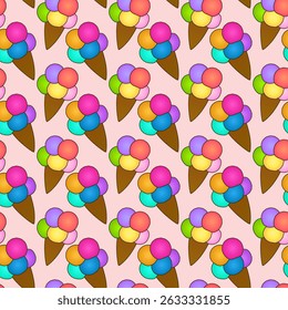 Seamless summer pattern with vector illustration of colorful ice cream waffle cones on pink background in playful cartoon style. For Summertime, dessert design, or National Ice Cream Day celebration.