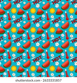 Seamless summer pattern with vector watermelon, sun, thermometers, clouds, flowers and HOT text on blue background. For Summertime, food, dessert, fruit design, or National Watermelon Day celebration.