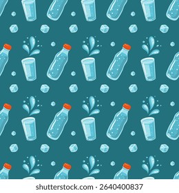 Seamless summer pattern with water bottles, glasses and ice cubes. Cartoon vector background.
