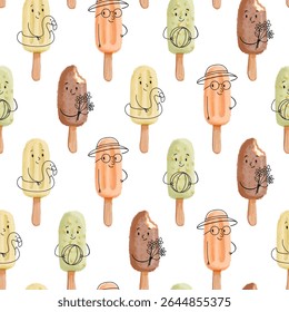 Padrão contínuo de verão com picolés aquarela como personagens bonitos segurando bolas de praia, flores e anéis flutuantes. Design caprichoso, em tons pastel perfeito para crianças e temas de verão
