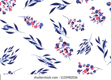 Seamless Summer Pattern in Watercolor Style. Vector Eucalyptus Leaves. Beautiful Branches and Floral Elements. Tropical Plants. Botanical Background. Summer Pattern for Wedding Design, Print, Textile.