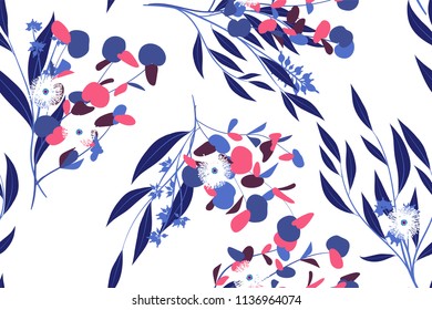 Seamless Summer Pattern in Watercolor Style. Vector Eucalyptus Leaves. Beautiful Branches and Floral Elements. Tropical Plants. Botanical Background. Summer Pattern for Wedding Design, Print, Textile.