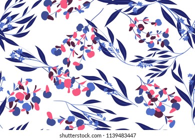 Seamless Summer Pattern in Watercolor Style. Vector Eucalyptus Leaves. Beautiful Branches and Floral Elements. Tropical Plants. Botanical Background. Summer Pattern for Wedding Design, Print, Textile.